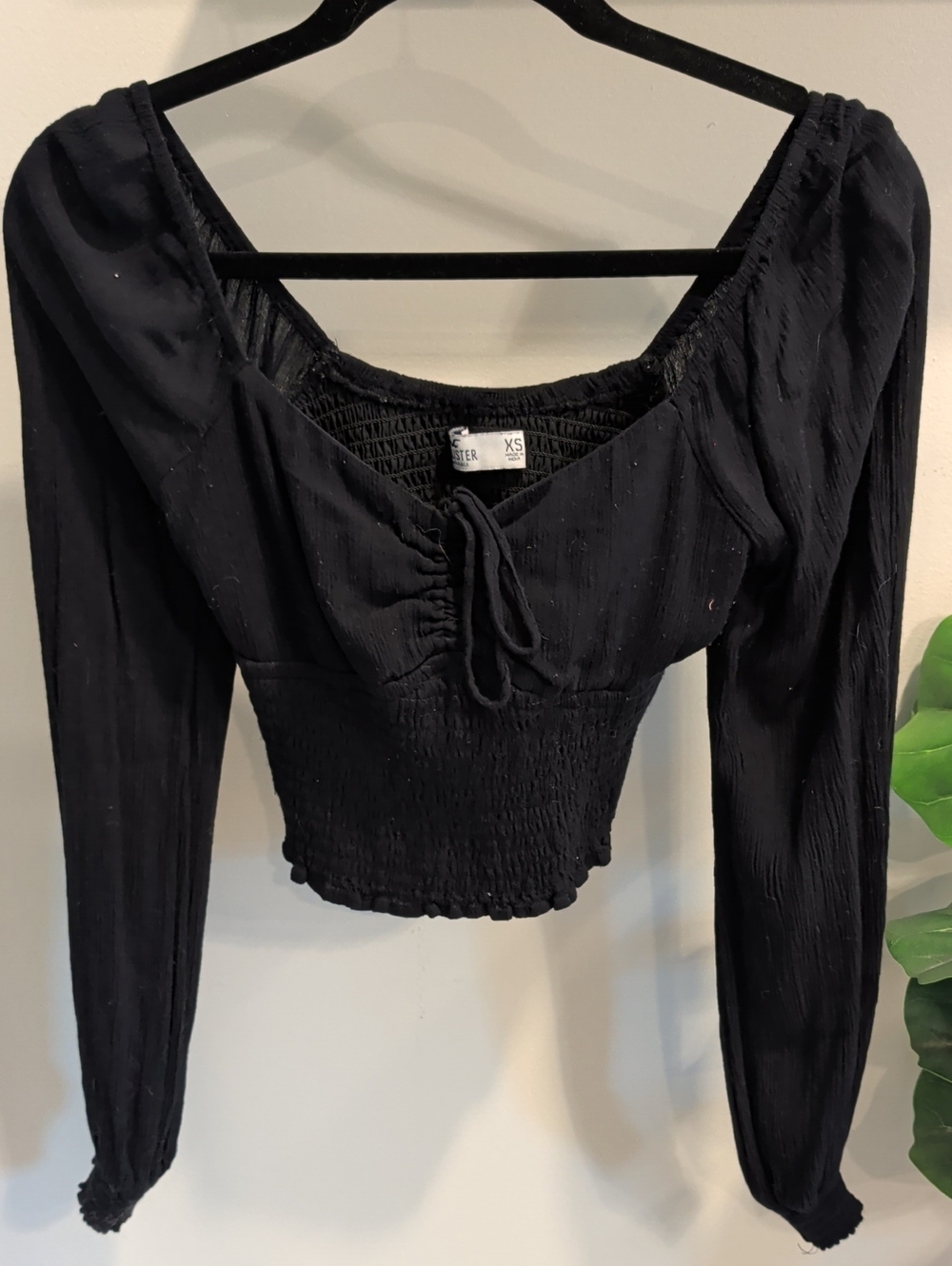 Hollister Black Smocked Long-Sleeve Crop Top with Tie Front